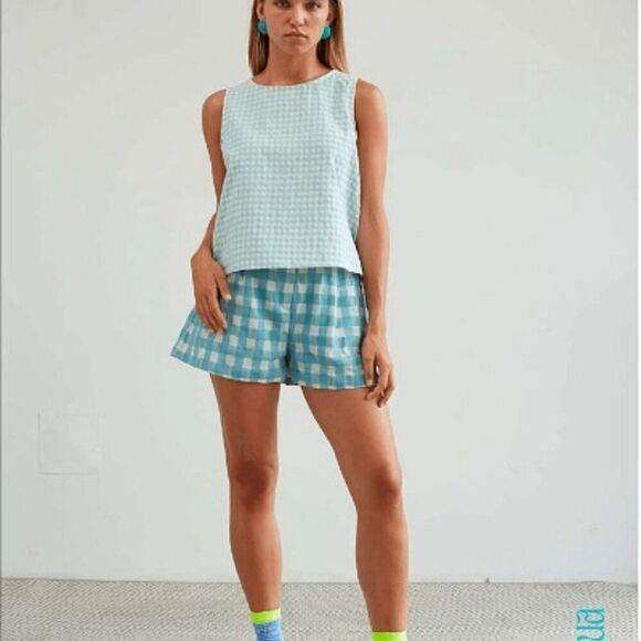 Dr. Bloom Barcelona SL Shorts Pleated waist Outlet Beat Vichy Agua Size SM NWT - Picture 1 of 7